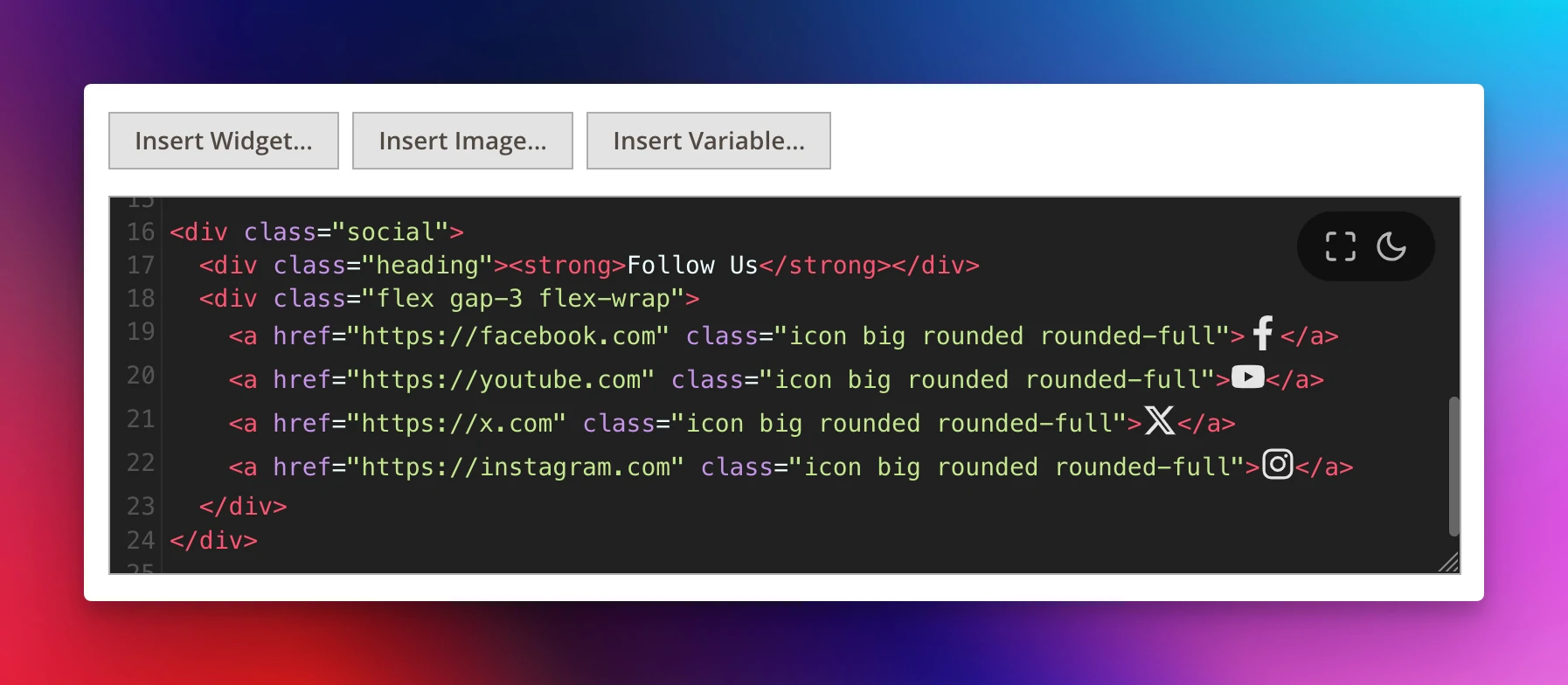 Screenshot of the html editor