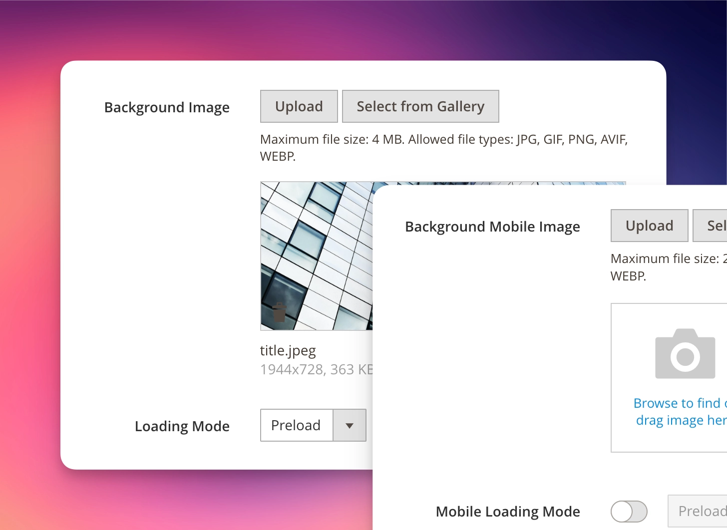 Screenshot of the background-image porperty with loading mode field