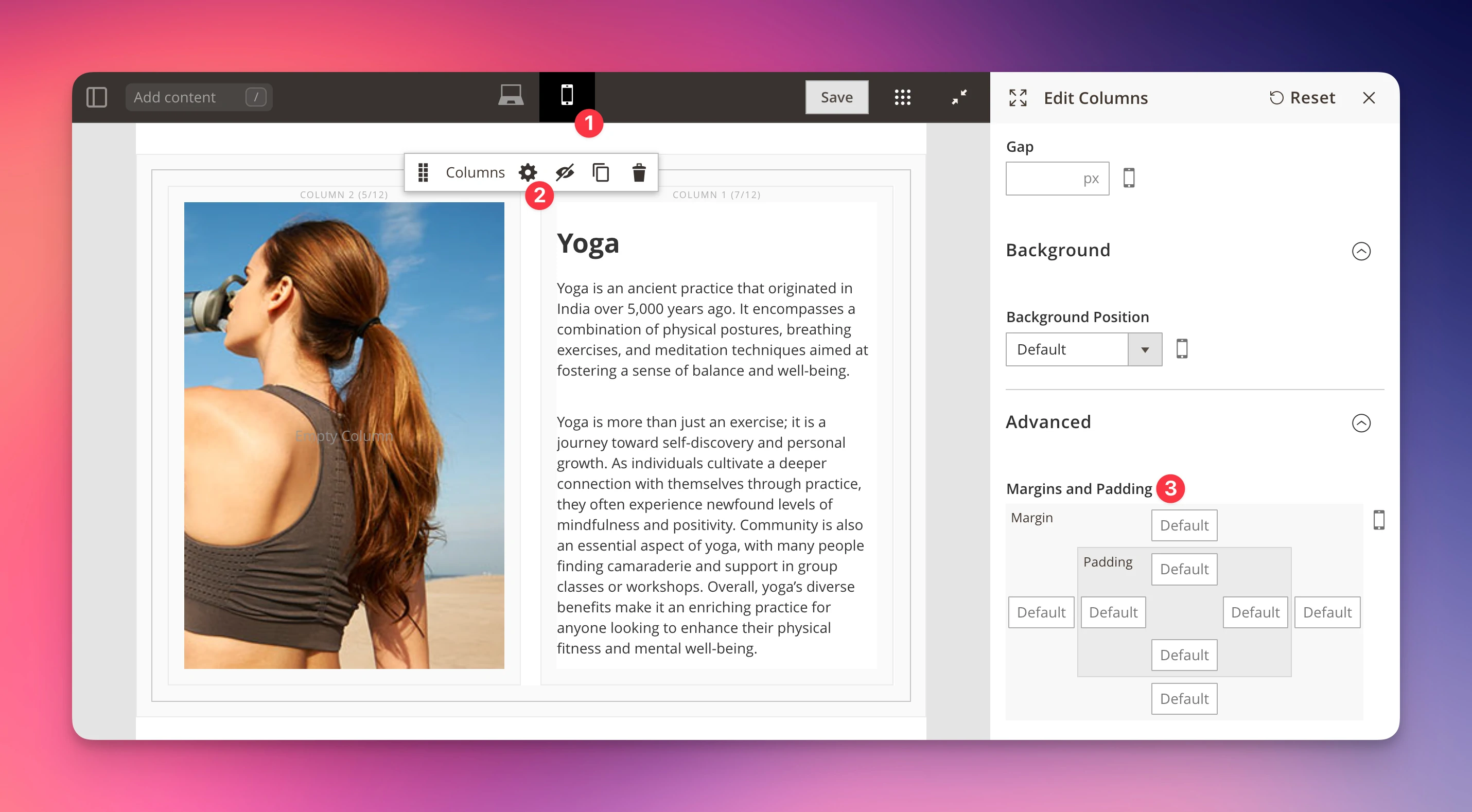 Screenshot of margins and padding field per mobile breakpoint
