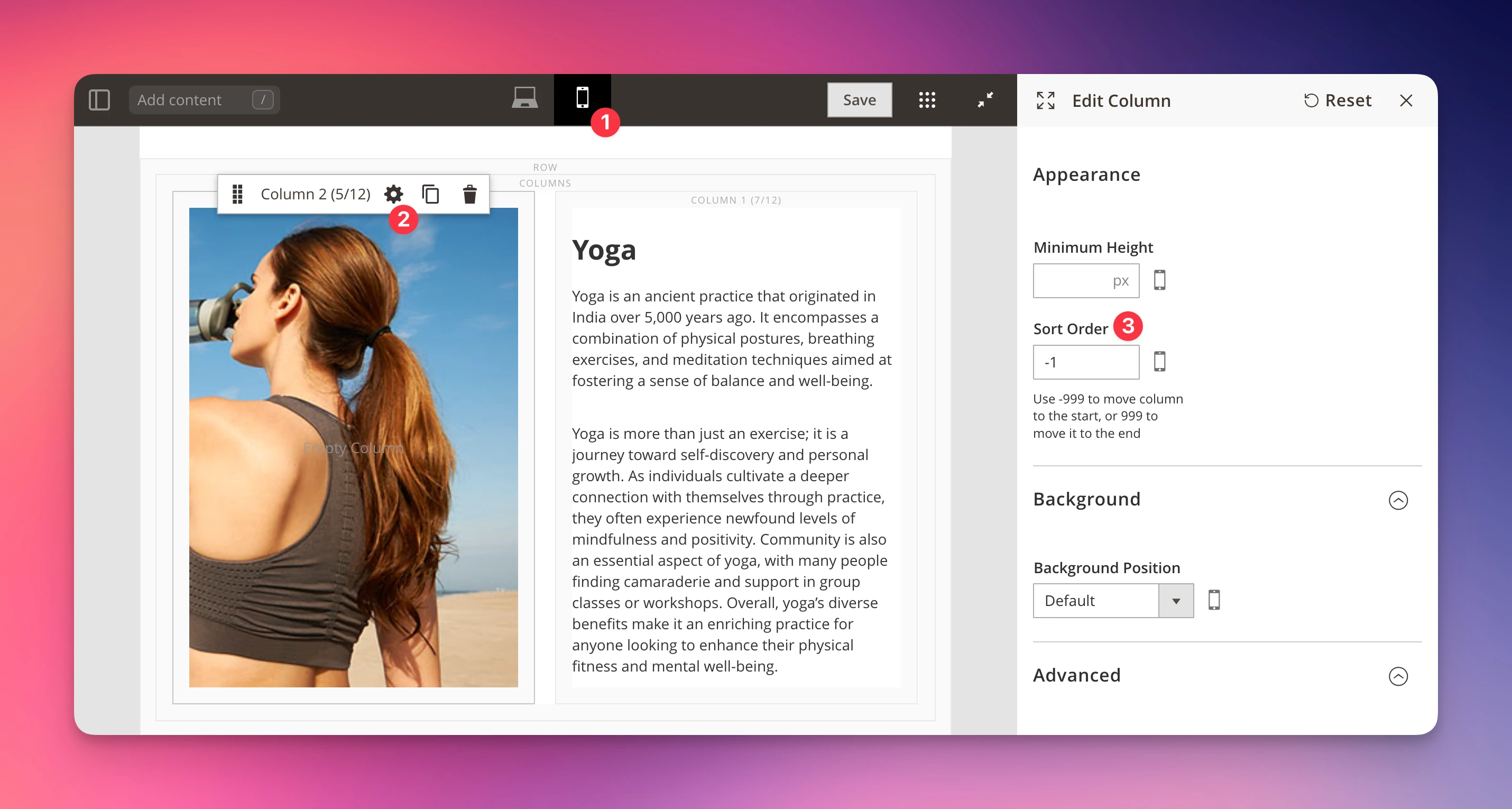 Screenshot of manual sort order per mobile breakpoint