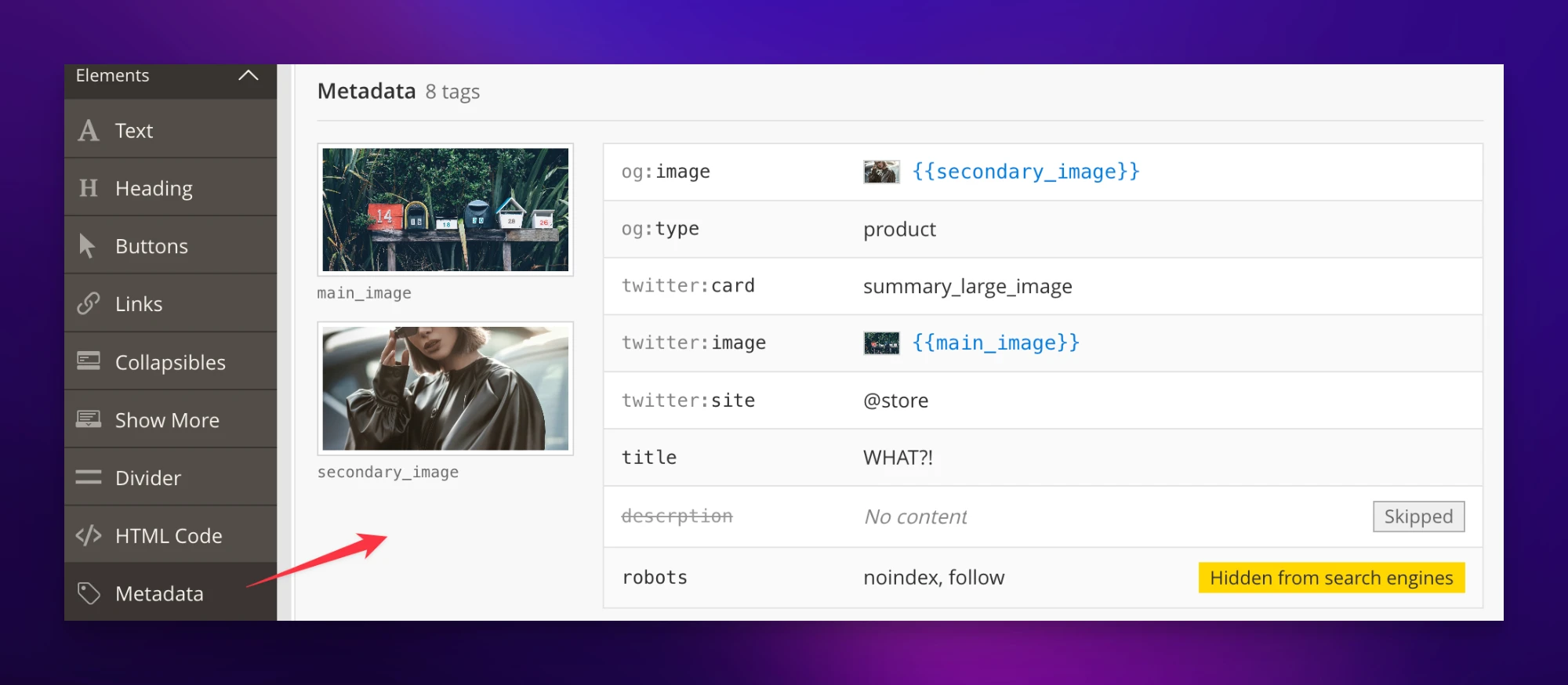 Screenshot of the Metadata element in the Page Builder elements menu and its preview
