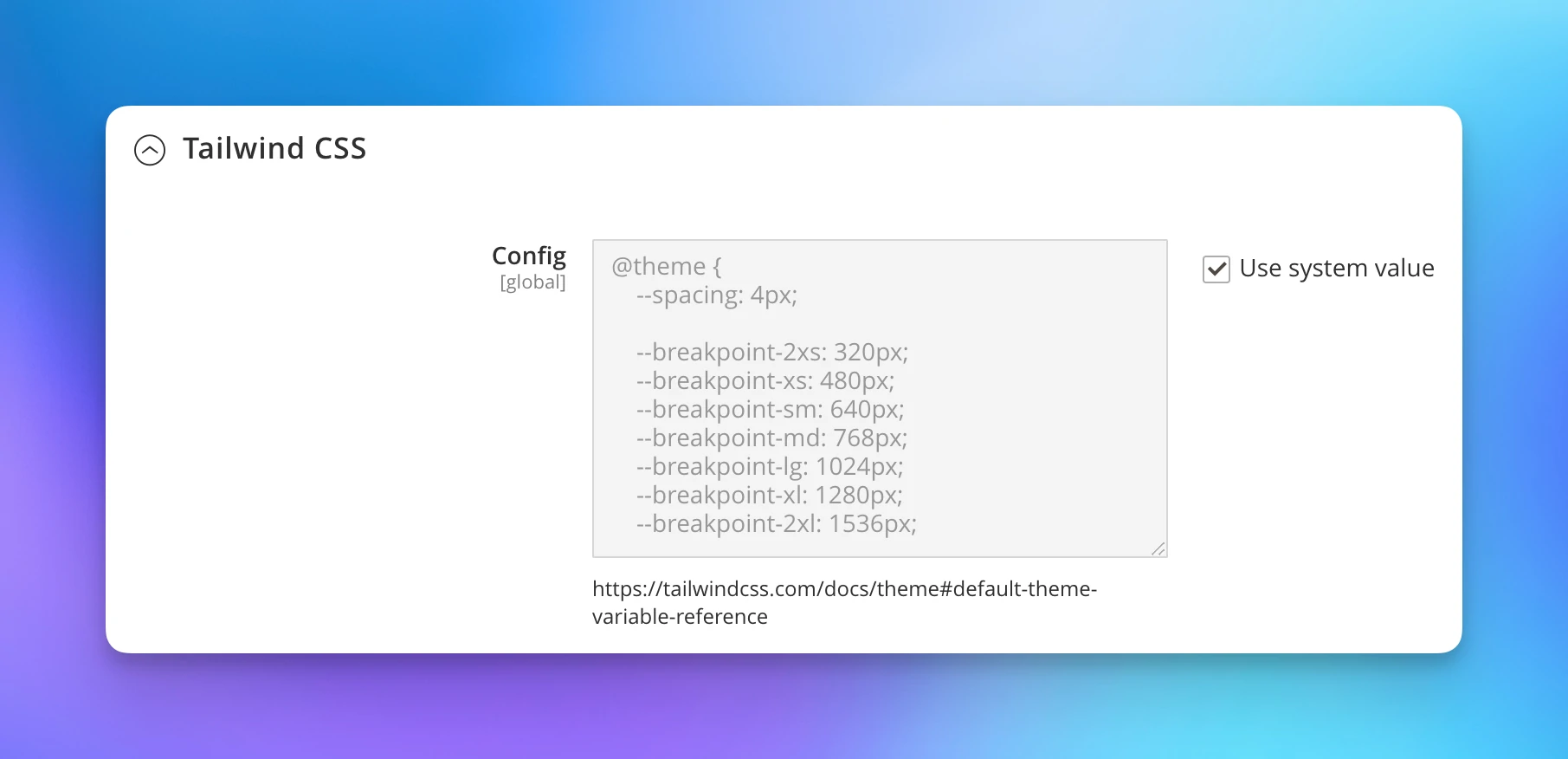 Screenshot of the Tailwind CSS settings
