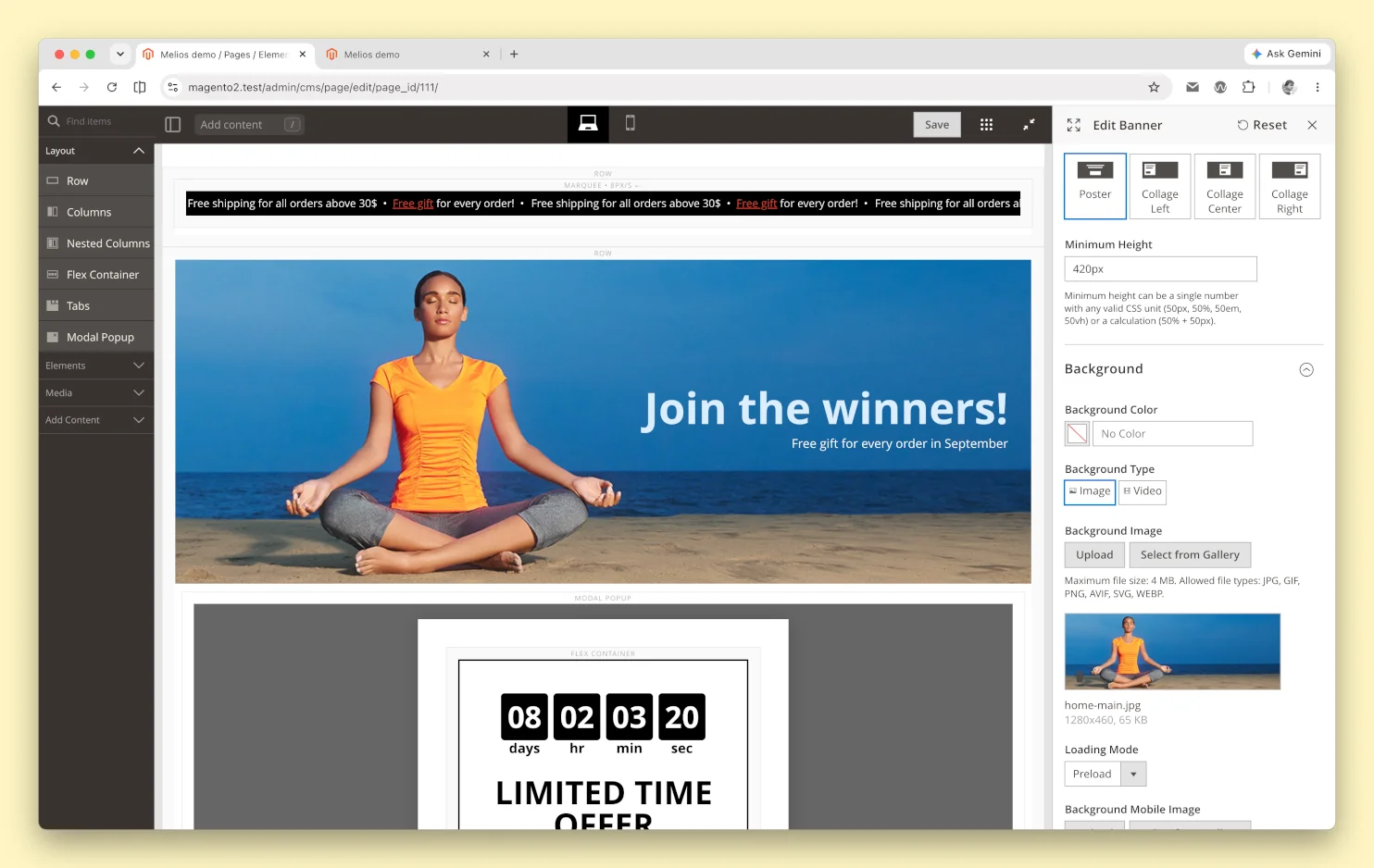 Melios inside the Magento Page Builder stage